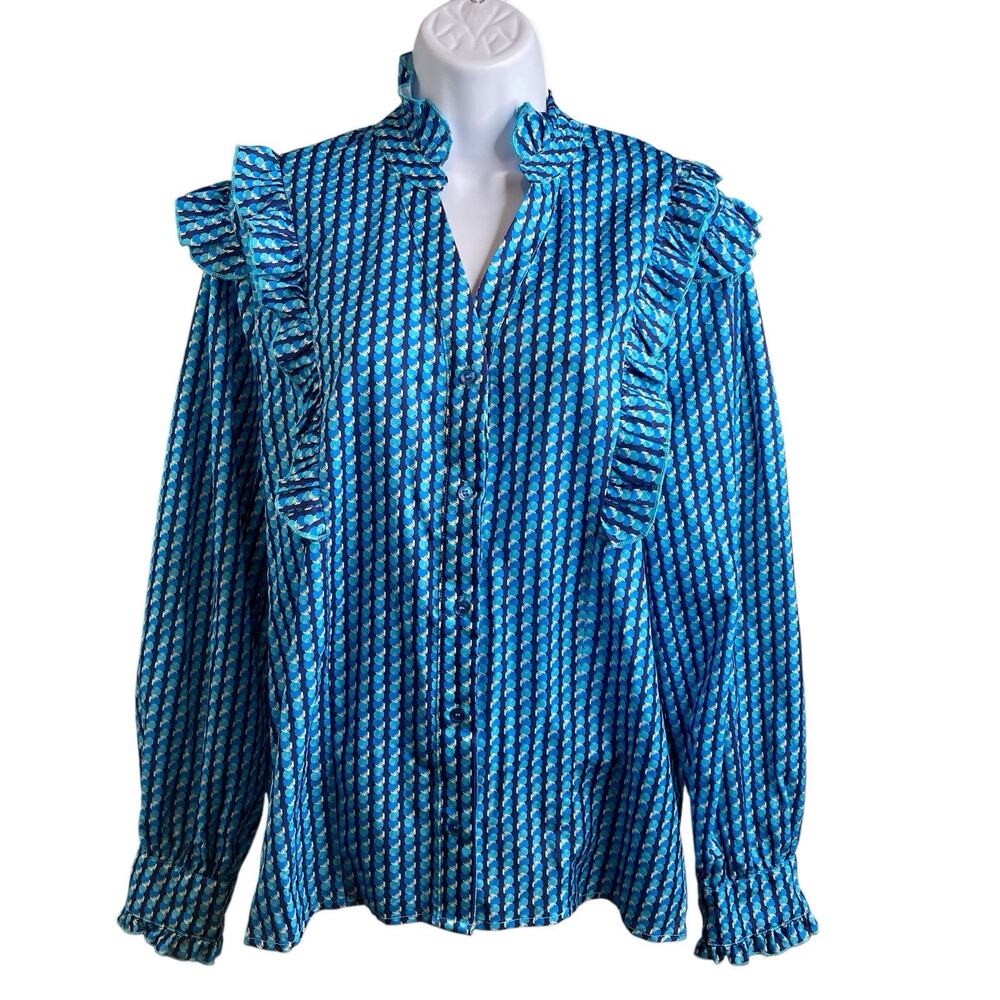 The Shirt Rochelle Behrens Blue Print Ruffled Blouse Size M Boho Fairy Victorian